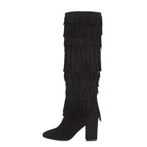 Aquazzura Boots Woodstock Fringe Suede Black Block Heel Knee High Boho Chunky 7